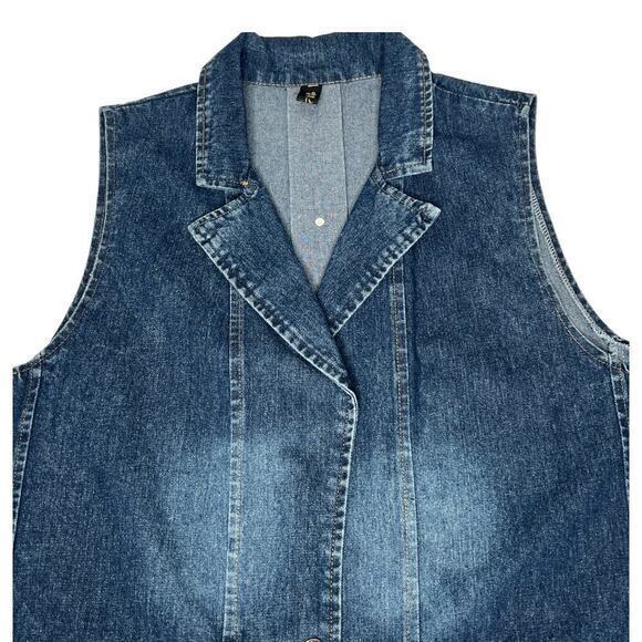 Vintage Longline Denim Vest Snap Front Notched‎ Collar Pockets - Picture 4 of 8